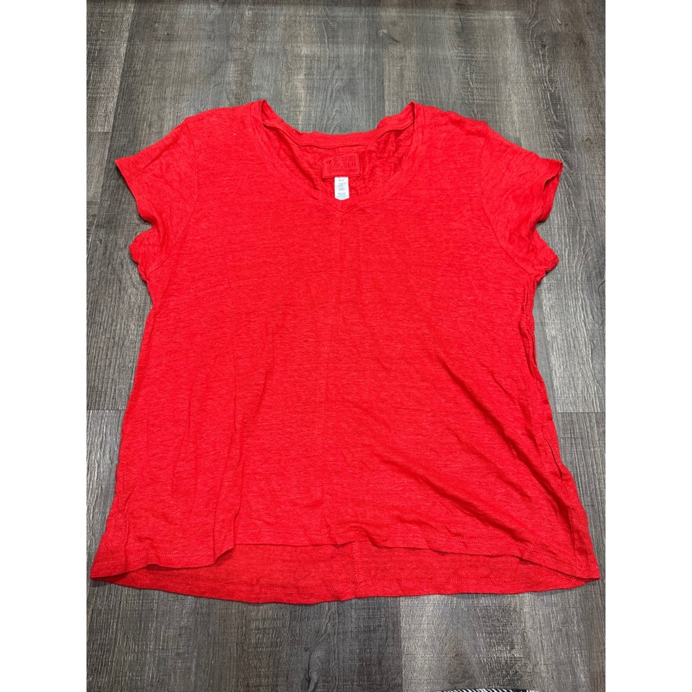 Sigrid Olsen Red 100% Linen V-Neck Short Sleeve T-Shirt Womens XL